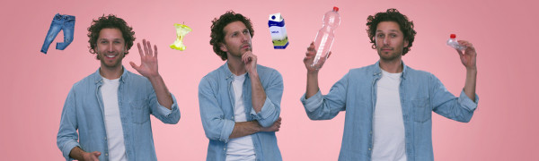 campagne uiting met man en om hem heen een spijkerbroek, klokkenhuis, melkpak en plastic fles