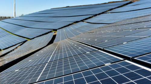 Rij van zonnepanelen tegen een helling.