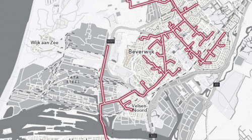 kaart van Heemskerk, Beverwijk en Velsen met rode lijnen waar het warmtenet zou moeten komen