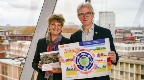 Op de foto van 24 april 2023 biedt gedeputeerde Berend Potjer het boekje aan Maureen van Eijk, directeur van het Nationaal Programma Lokale Warmtetransitie (NPLW).