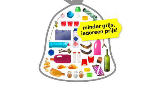 restafvalzak gevuld met grondstoffen en label met daarop de tekst minder grijs, iedereen prijs!
