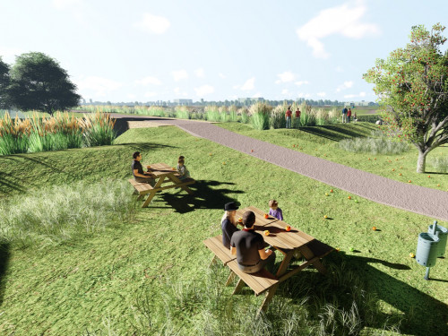Ontwerp van de inrichting van de omgeving van de zonneweide met natuurvriendelijke plasdrasoevers en grasland waarin picknicktafels en mensen ingetekend zijn