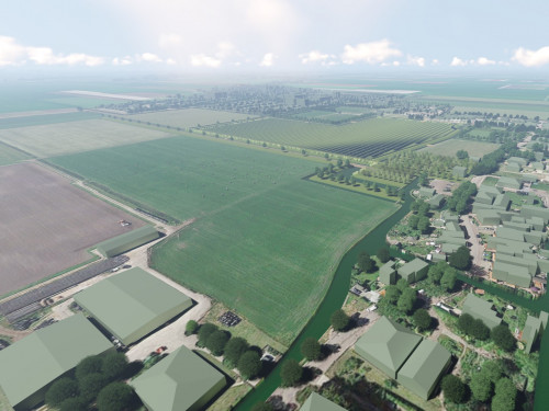 Overzichtsfoto van het Westfriese landschap met daarin het ontwerp van de locatie voor het zonnepark Tripkouw
