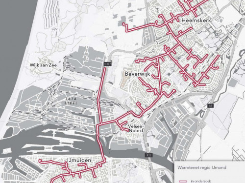 kaart van Heemskerk, Beverwijk en Velsen met rode lijnen waar het warmtenet zou moeten komen