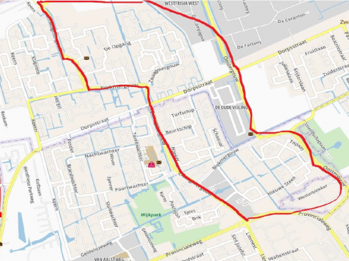 plattegrond van de wijk Hoorn Risdam met daarop in het rood aangegeven welke route gereden wordt op 30 december