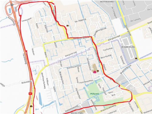 plattegrond van de wijk Hoorn Risdam met daarop in het rood aangegeven welke route gereden wordt op 31 december 2019