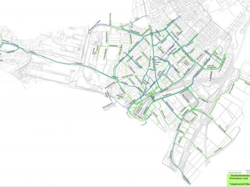 Een plattegrond van de gemeente Beverwijk met daarop aangegeven welke fietspaden en rijbanen worden gestrooid. Het overzicht van straatnamen vind je verderop deze pagina.