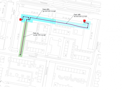 Op deze afbeelding is een plattegrond te zien van de omgeving van de Roerdompstraat en de Nachtegaallaan waarop de werkgebieden zijn aangegeven waar de komende periode in fases wordt gewerkt aan het warmtenet Sliedrecht.