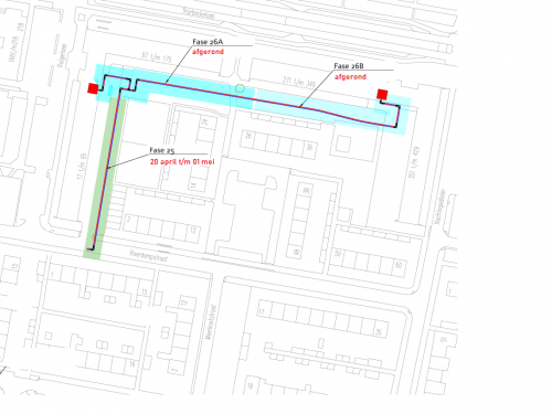 Op deze afbeelding is een plattegrond te zien van de omgeving van de Roerdompstraat waarop het werkgebied is aangegeven waar de komende periode wordt gewerkt aan het warmtenet Sliedrecht.