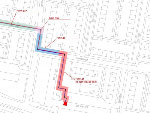 Op deze afbeelding is een plattegrond te zien van de omgeving van de Vinkenstraat waarop het werkgebied is aangegeven waar de komende periode wordt gewerkt aan het warmtenet Sliedrecht.