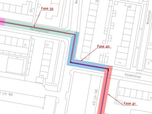 plattegrond van de omgeving waar de komende periode gewerkt wordt aan het warmtenet Sliedrecht - aangeduid is fase 39 met groene markering (Rietzangerstraat), fase 40 met blauwe markering (Karekietstraat) en fase 41 met rode markering (Vinkenstraat)