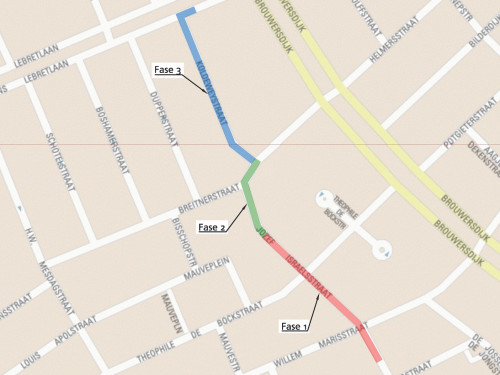 Op deze afbeelding is een plattegrond te zien van de omgeving van de Jozef Israëlsstraat en omgeving waarop de werkgebieden zijn aangegeven waar gewerkt wordt. Jozef Israëlstraat maandag 20 april tot vrijdag 24 april, fase 2 Jozef Israëlstraat / Breitnerstraat dinsdag 28 april tot vrijdag mei, fase 3 Koldeweystraat / Frans Lebretstraat maandag 11 mei tot vrijdag 15 mei
