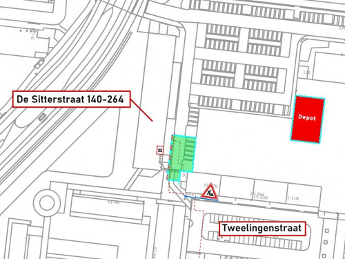 Plattegrond van de omgeving van De Sitterstraat met daarop ons werkgebied, tegenover de ingang van de flat De Sitterstraat 140-264.