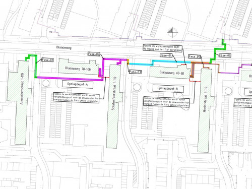 Plattegrond van de omgeving de Blaauwweg met daarop in fases het werkgebied en de route van de leiding in de Atmosfeerstraat, Stratosfeerstraat, Heelalstraat en Blaauwweg 40-106 weergegeven.