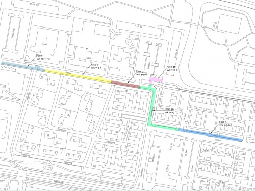 plattegrond van de Valkweg en omgeving waarop de verschillende fases staan aangegeven waar de werkzaamheden uitgevoerd worden