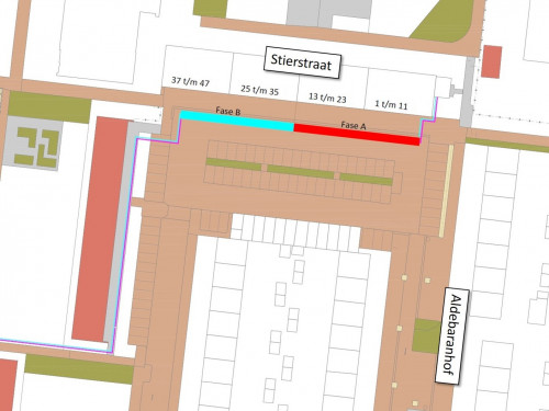 Plattegrond van de omgeving Stierstraat met daarop de locaties waar in fases gewerkt wordt.