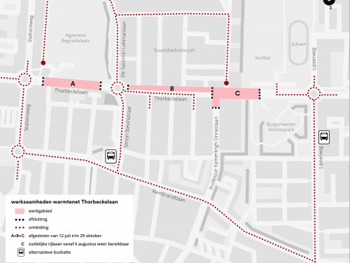 Plattegrond werkzaamheden Thorbeckelaan met daarop de werkgebieden en verkeersmaatregelen