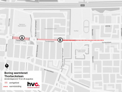 Plattegrond Thorbeckelaan met daarop de locatie van de gestuurde boringen