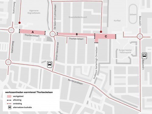 Plattegrond met de werkgebieden A,B en C in de Thorbeckelaan in Sliedrecht