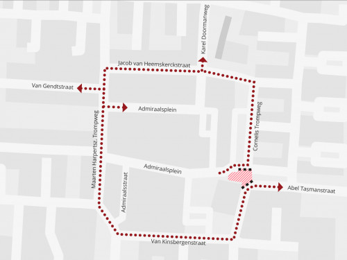 Plattegrond van de Cornelis Trompweg met daarop de locatie van de werkzaamheden en omleidingen.