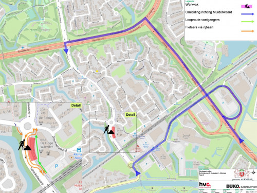 Plattegrond van de locatie van de werkzaamheden en de daarbij behorende verkeersomleiding