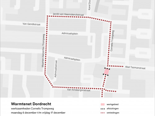Plattegrond met daarop de locatie van de werkzaamheden in Cornelis Trompweg in Dordrecht