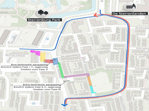 Plattegrond van de Grote Hondring en omgeving met daarop de werkgebieden en omleidingen