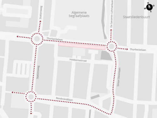 Plattegrond met daarop de locatie van de werkzaamheden in de Thorbeckelaan in Sliedrecht