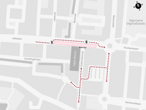 Plattegrond met daarop de locatie van de werkzaamheden en de verkeersomleidingen in de Deltalaan in Sliedrecht