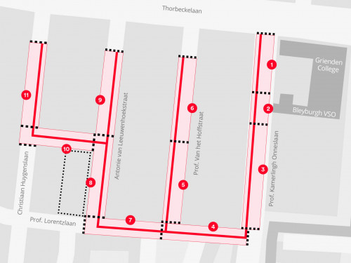 Plattegrond met daarop de werkgebieden in de Professorenbuurt in Sliedrecht