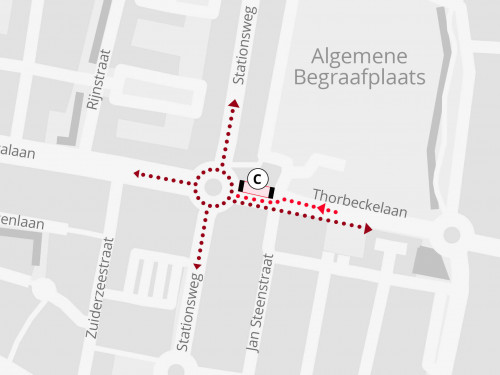 Plattegrond met daarop de locatie van de werkzaamheden in de Thorbeckelaan in Sliedrecht