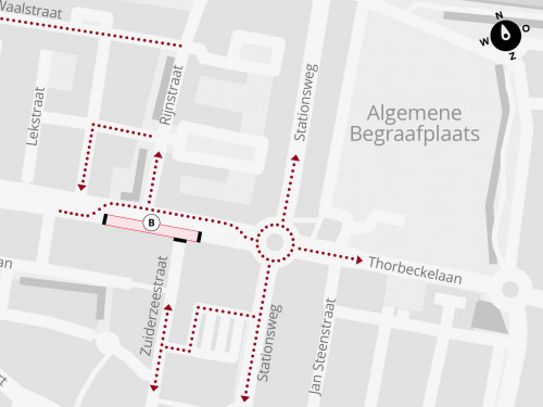 Plattegrond met daarop de locatie van de werkzaamheden in de Deltalaan ter hoogte van de Zuiderzeestraat in Sliedrechts