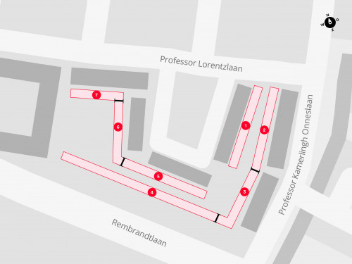 Plattegrond met daarop de locatie van de werkzaamheden in de Professor Lorentzlaan / Professor Kamerlingh Onneslaan / Rembrandtlaan in Sliedrecht.