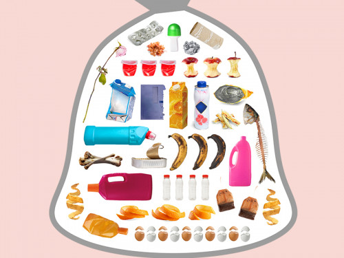 illustratie van restafvalzak met daarin klokhuizen, plastic verpakkingen, etensresten en papier