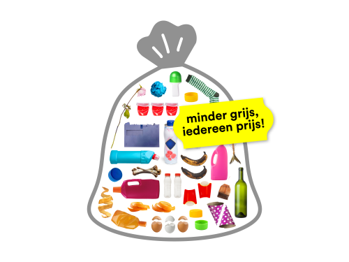 restafvalzak gevuld met grondstoffen en label met daarop de tekst minder grijs, iedereen prijs!
