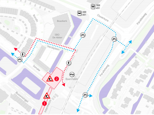 Plattegrond met daarop de locatie van de werkzaamheden in de Sonate in Sliedrecht.