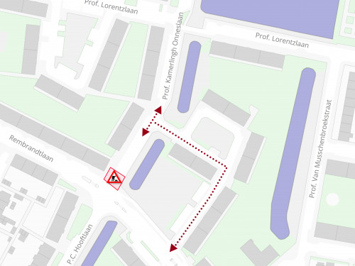 Plattegrond met daarop de locatie van de werkzaamheden in de Prof. Kamerlingh Onneslaan in Sliedrecht.